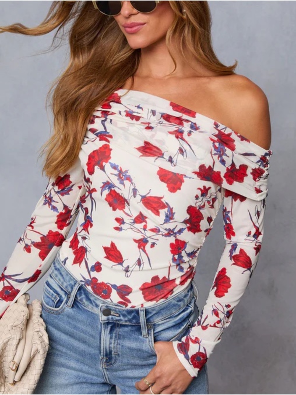 New Vici Off The Shoulder Floral Long Sleeve Ruched Bodysuit Size Large